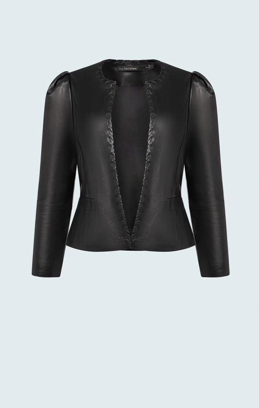 Lamb leather crop jacket with puffy sleeves