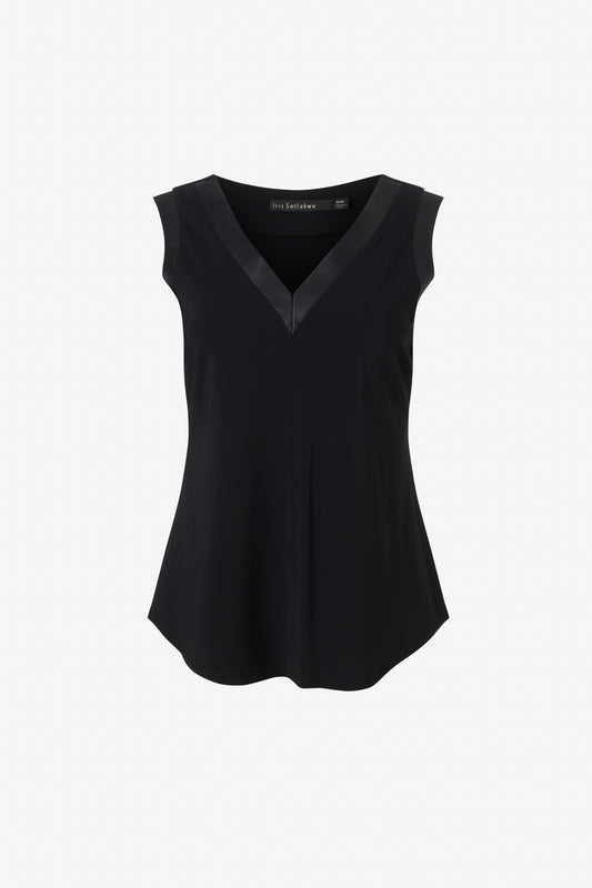 Sleeveless top with vegan leather V neck
