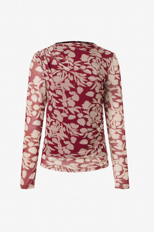 Printed mesh shirred long sleeve top