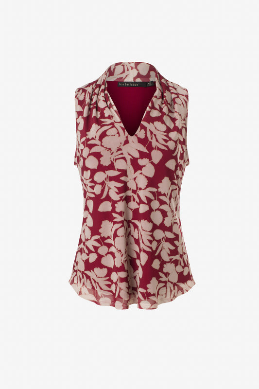 Printed mesh sleeveless pleated v-neck top