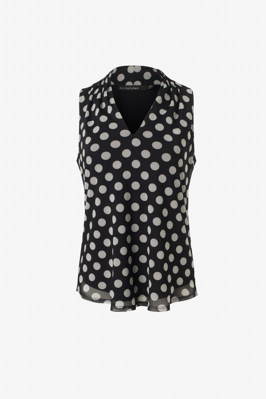 Polka dot mesh sleeveless pleated v-neck top