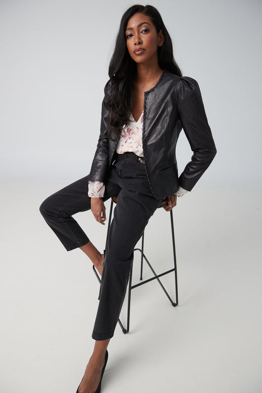 Lamb leather crop jacket with puffy sleeves