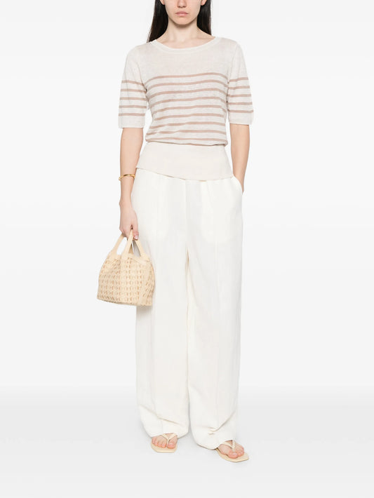 Majestic Filatures - Linen knit stripe elbow sleeve boatneck