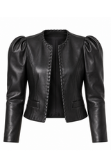 Blazer court en cuir d'agneau manches bouffantes
