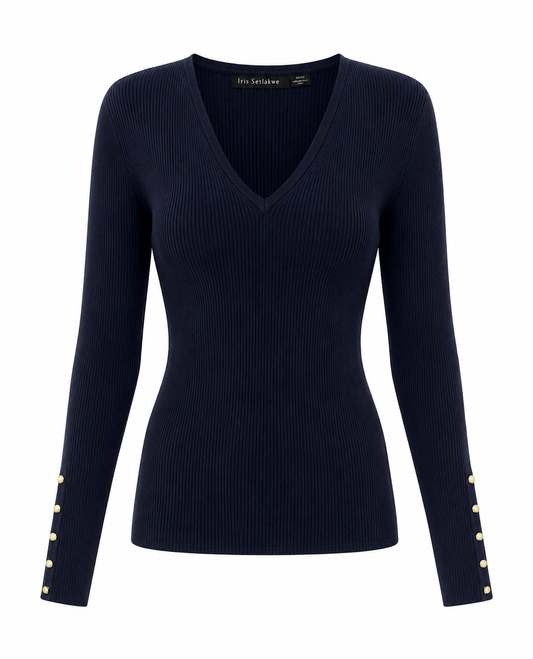 Fine merino blend V neck rib sweater