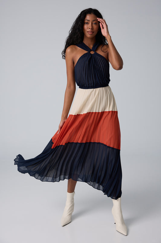 Chiffon pleated midi- dress with criss cross drawstring