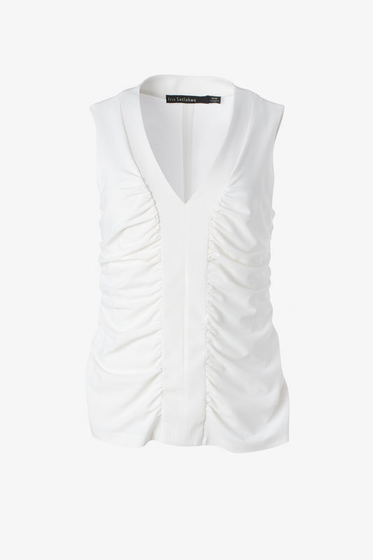 Sleeveless v neck top with roushing