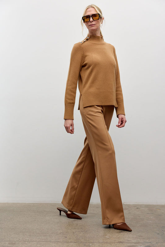 Mock neck long sleeve sweater with shoulder buttons