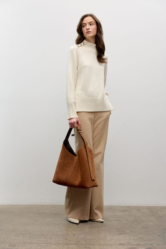 Mock neck long sleeve sweater with shoulder buttons