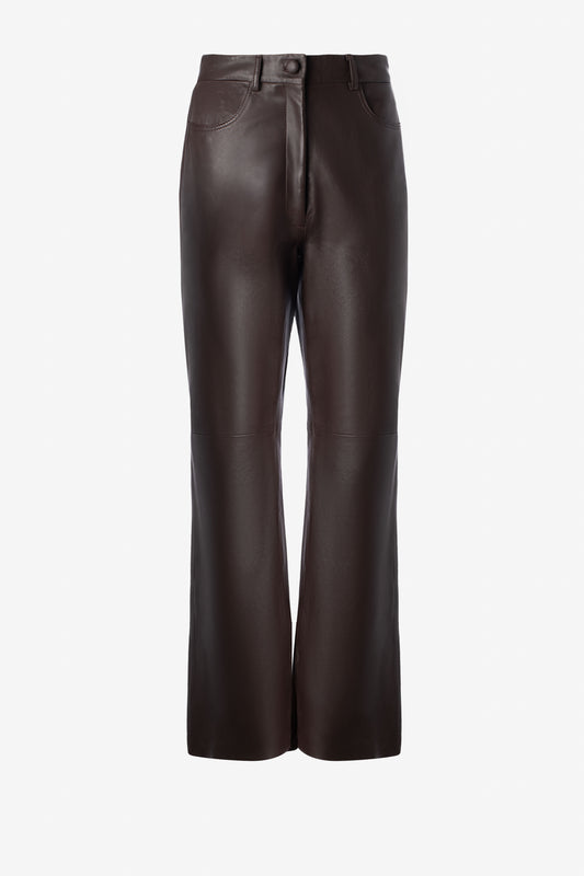 Straight leg leather trousers with cut at hem