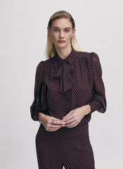 Printed blouse with cuff shirring detail and tie