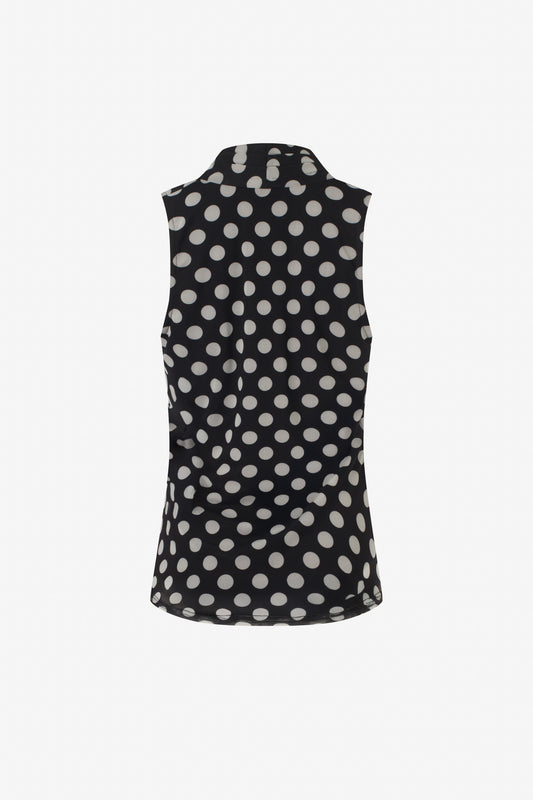 Polka dot  mesh sleeveless pleated v-neck top