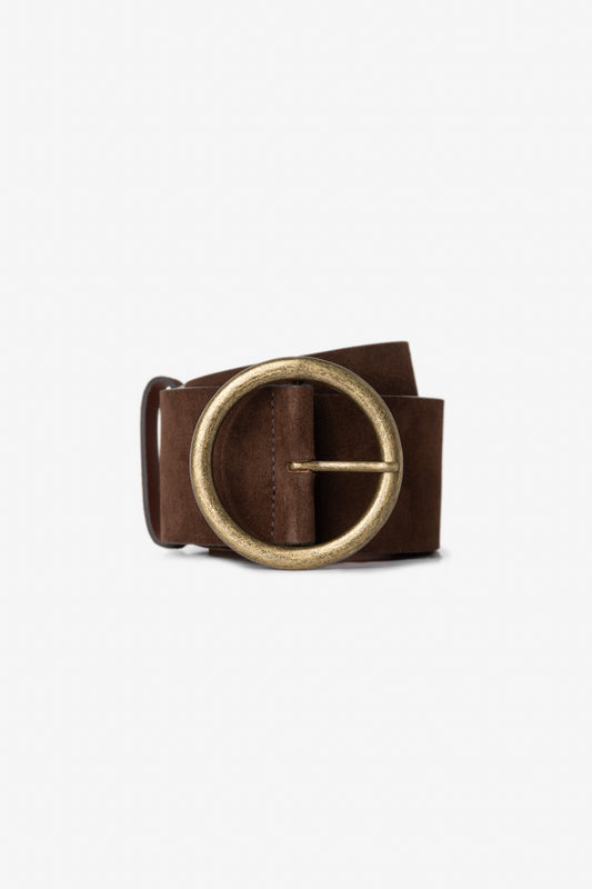 Large ceinture en daim véritable avec boucle ronde en laiton antique