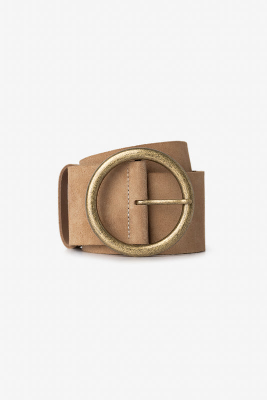 Large ceinture en daim véritable avec boucle ronde en laiton antique