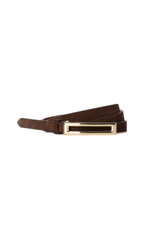 Skinny Genuine Suede Belt with Gold Rectangular Buckle