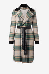 Manteau long plaid avec col tricot et ceinture