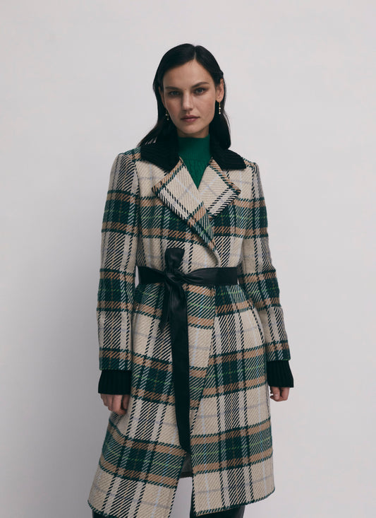 Manteau long plaid avec col tricot et ceinture