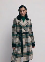 Long plaid coat with rib collar and belt