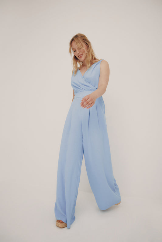 Sleeveless crisscross jumpsuit flowy wide leg