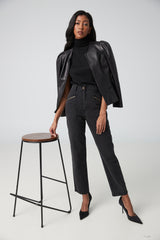Lamb leather crop jacket with puffy sleeves