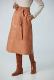 Pleated front A-line lamb leather skirt