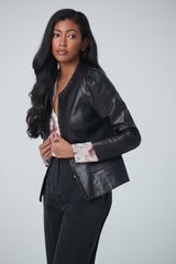 Lamb leather crop jacket with puffy sleeves