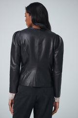 Lamb leather crop jacket with puffy sleeves