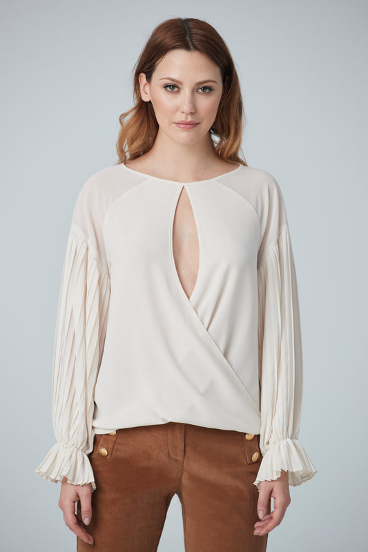 Pleated sleeve blouse with folded front