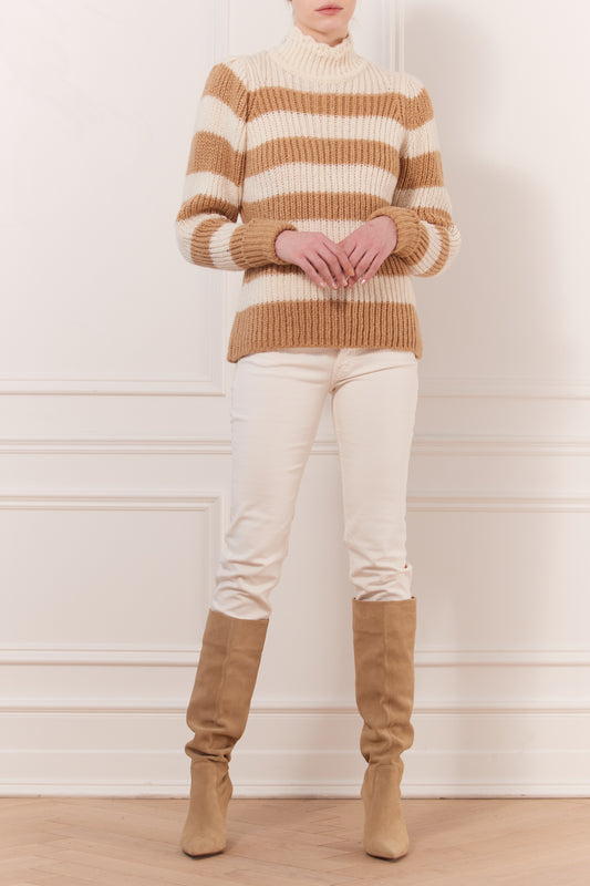 Pull tricot col roulé rayé