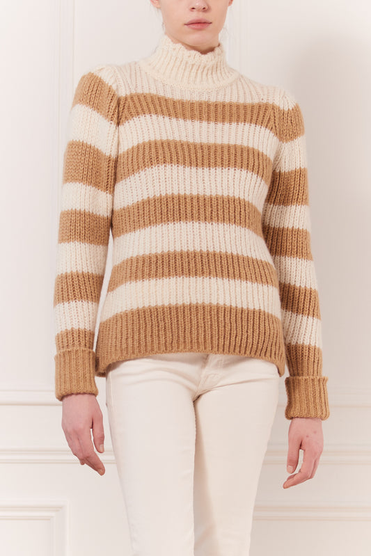 Pull tricot col roulé rayé
